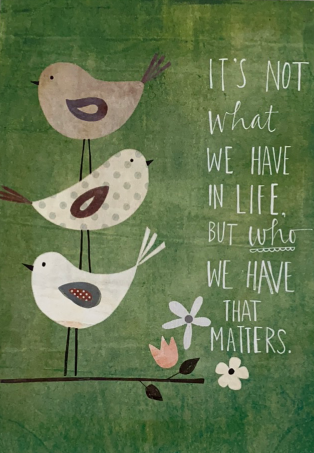 Green card white drawn birds with quote 