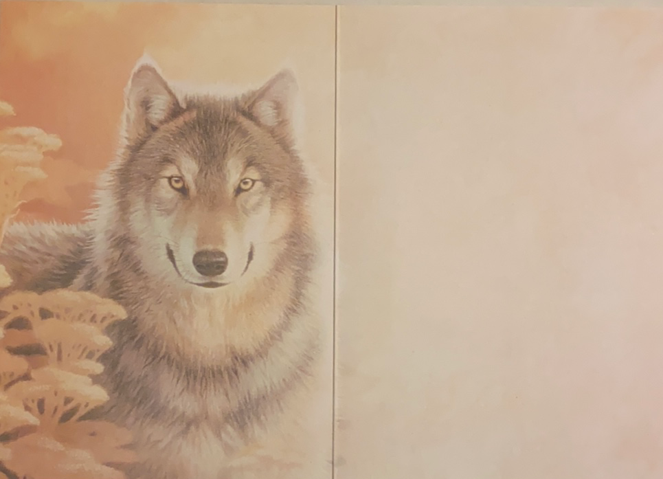 Inside blank with wolf on  left 