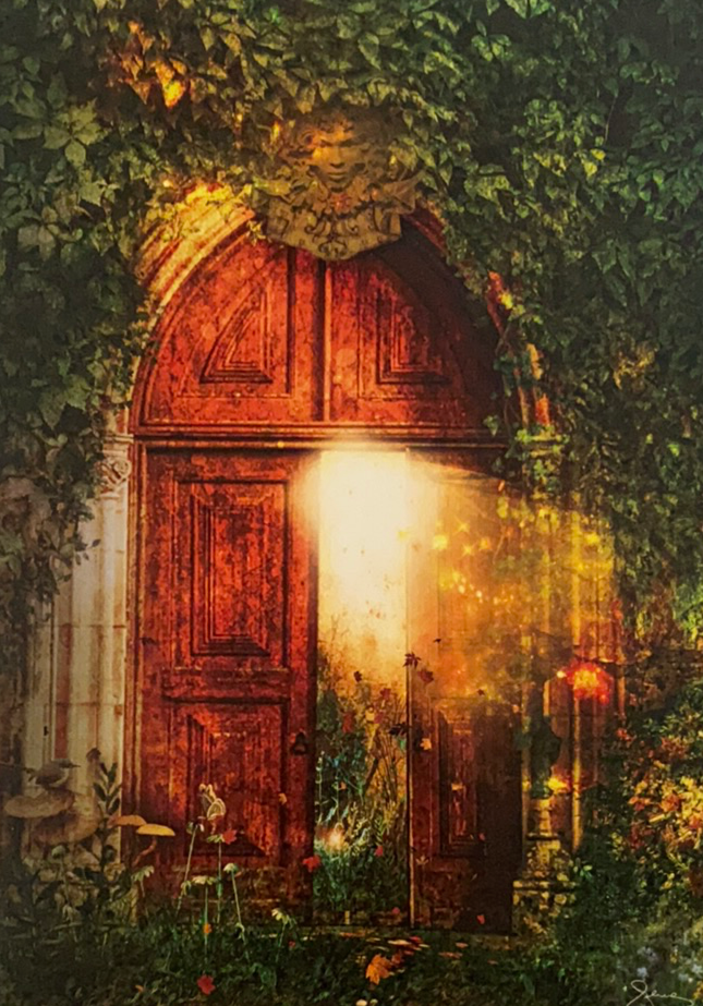 green leafy card with gothic door opening on front 