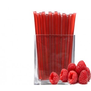 Raspberry Honey Straw.  A clear, plastic straw heat sealed at each end holding a red, translucent, raspberry honey syrup within.  