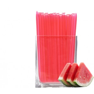 Watermelon  Honey Straw.  A clear, plastic straw heat sealed at each end holding a red, translucent, strawberry honey syrup within.  